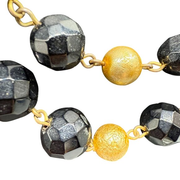 Vintage Black Gold Faceted Beads Double-Strand Chain Necklace Gold Tone - Picture 3 of 7